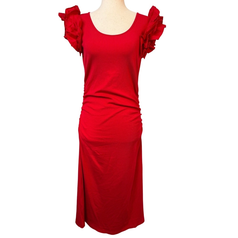Boston Proper Red Ruffle-Sleeve Midi Dress